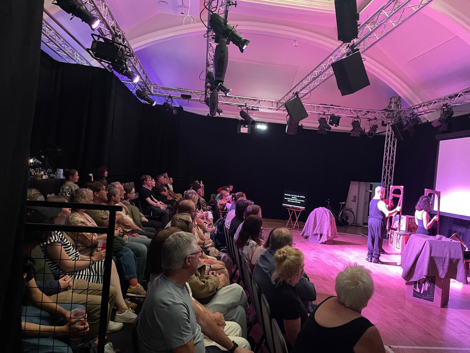 A packed theatre audience sits facing the stage during the final performance of Reel to Real, with performers visible under purple stage lighting.